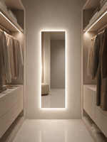 Espejo LED BIDENS retroiluminado de cuerpo entero en un vestidor con armarios, ropa colgada y puf