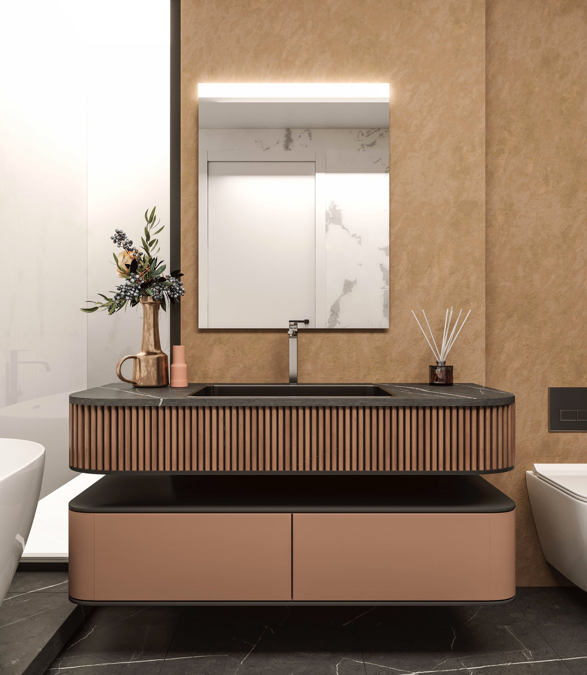 Espejo de baño con luz LED frontal rectangular a medida · Modelo AURALIS