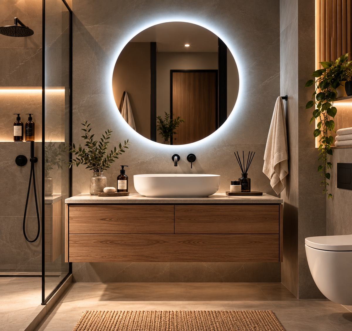 Espejo de baño con luz LED redondo retroiluminado · Luz fría · Modelo ALBA