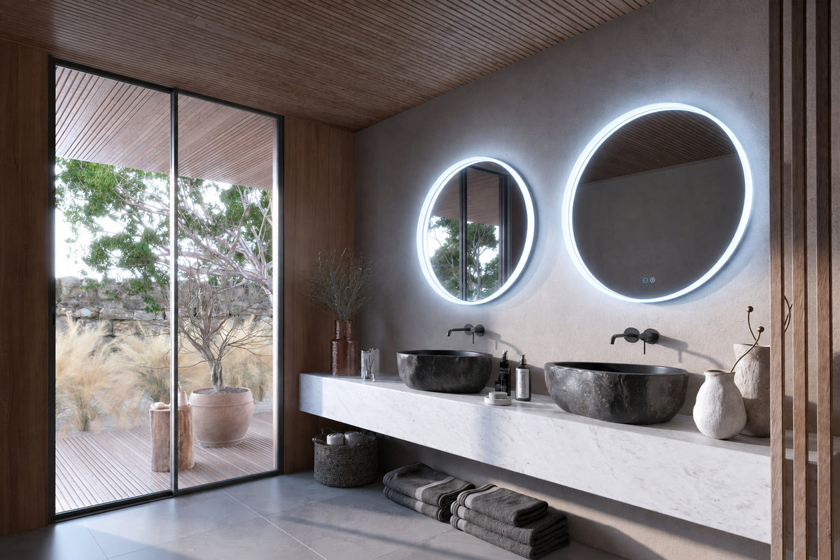 Espejos LED BOLONIA redondos en un baño con revestimiento de madera y ventanal al jardín
