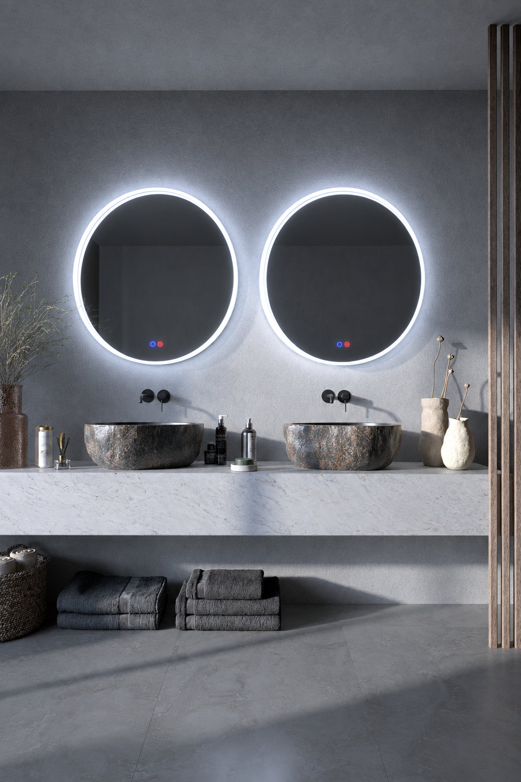 Espejo de baño con luz LED en marco iluminado redondo · Modelo BOLONIA