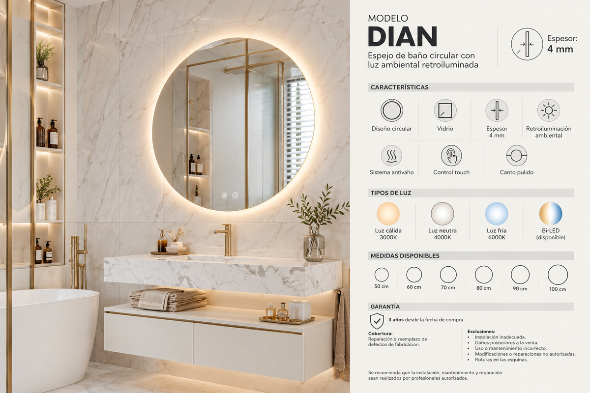 Espejo de Baño con Luz LED Redondo Retroiluminado · Luz Ambiental · Dian EXPRESS · Entrega 24-72h