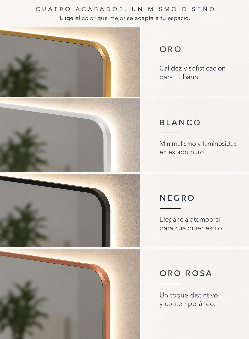 Espejo de baño con luz LED rectangular a medida, cantos redondeados y borde pintado · Modelo TUR