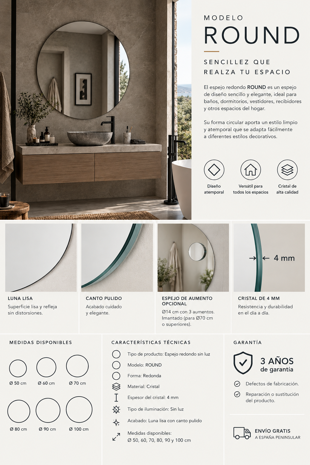 Espejo de baño redondo sin luz · Modelo Round EXPRESS · Entrega 24-72h