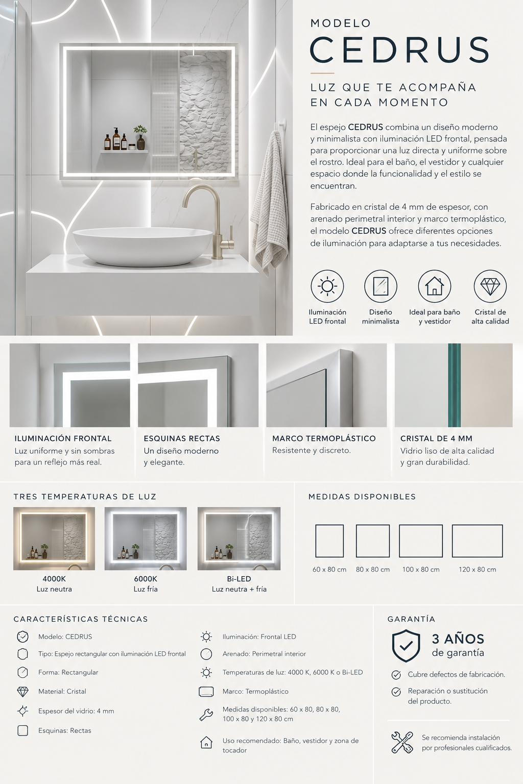 Espejo de baño y vestidor con luz LED frontal rectangular entrega 24-72h · Modelo Cedrus EXPRESS
