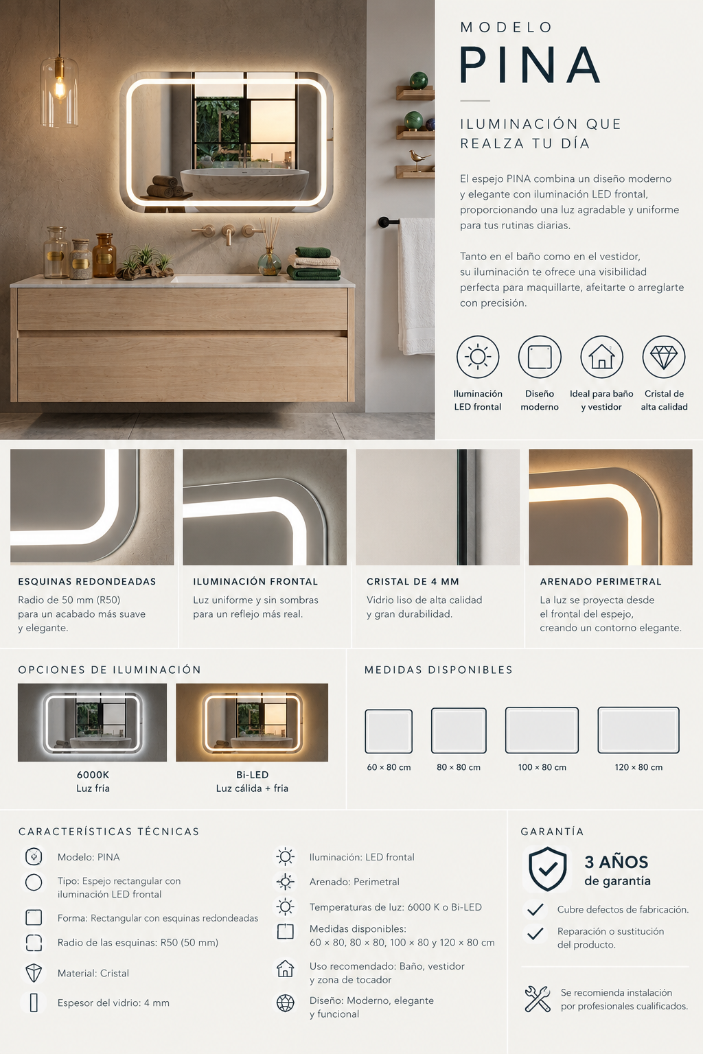 Espejo de baño y vestidor con luz LED frontal rectangular entrega 24-72h · Modelo Pina EXPRESS