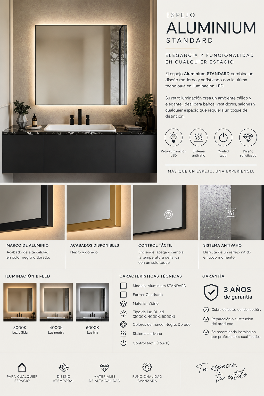 Espejo de baño y vestidor con luz LED rectangular · Doble Touch (Luz Bi-LED + Antivaho) · Entrega 24-72h · Modelo Aluminium EXPRESS