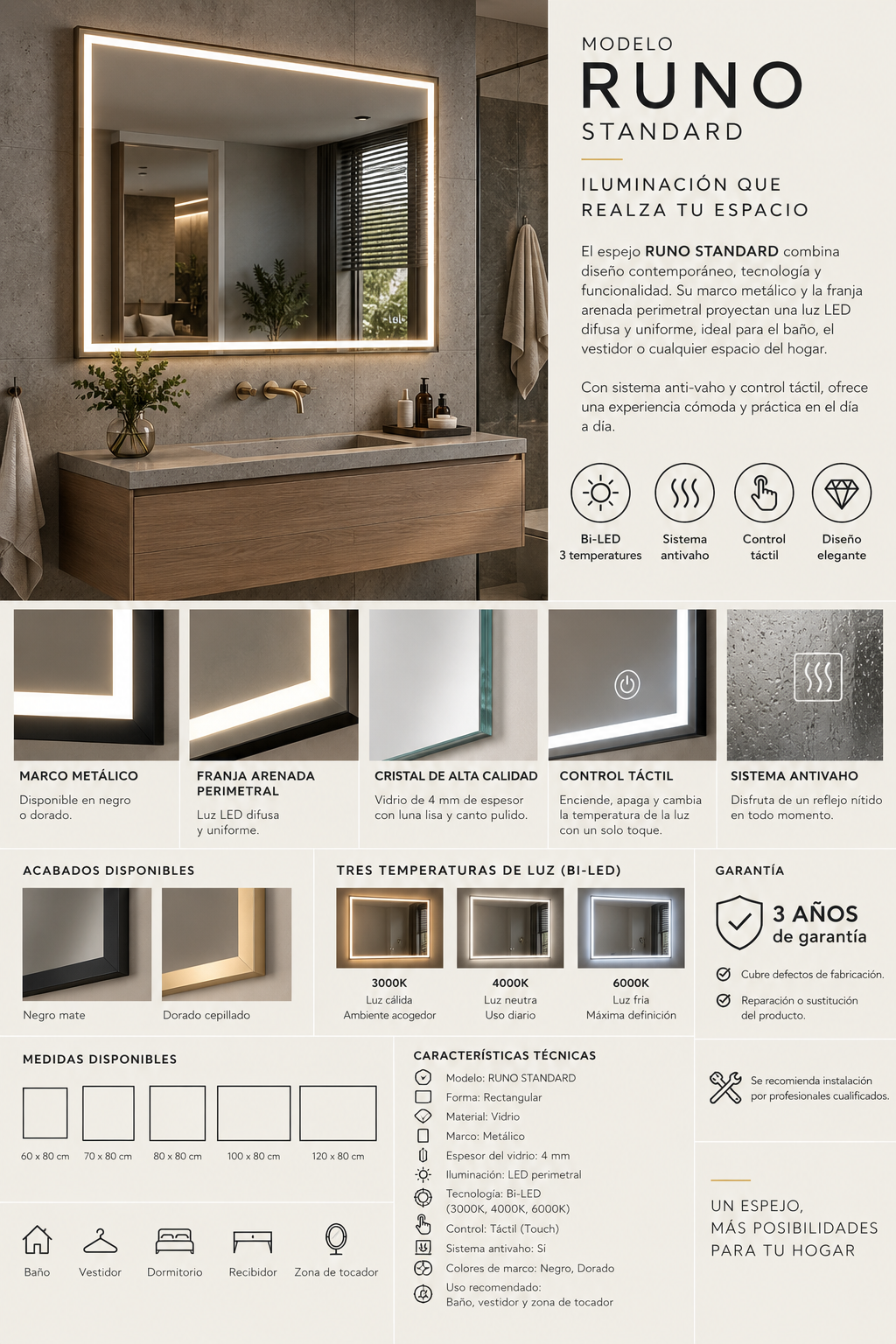 Espejo de baño y vestidor con luz LED rectangular retroiluminado · Doble Touch (Luz Bi-LED + Antivaho) · Entrega 24-72h · Modelo Runo EXPRESS