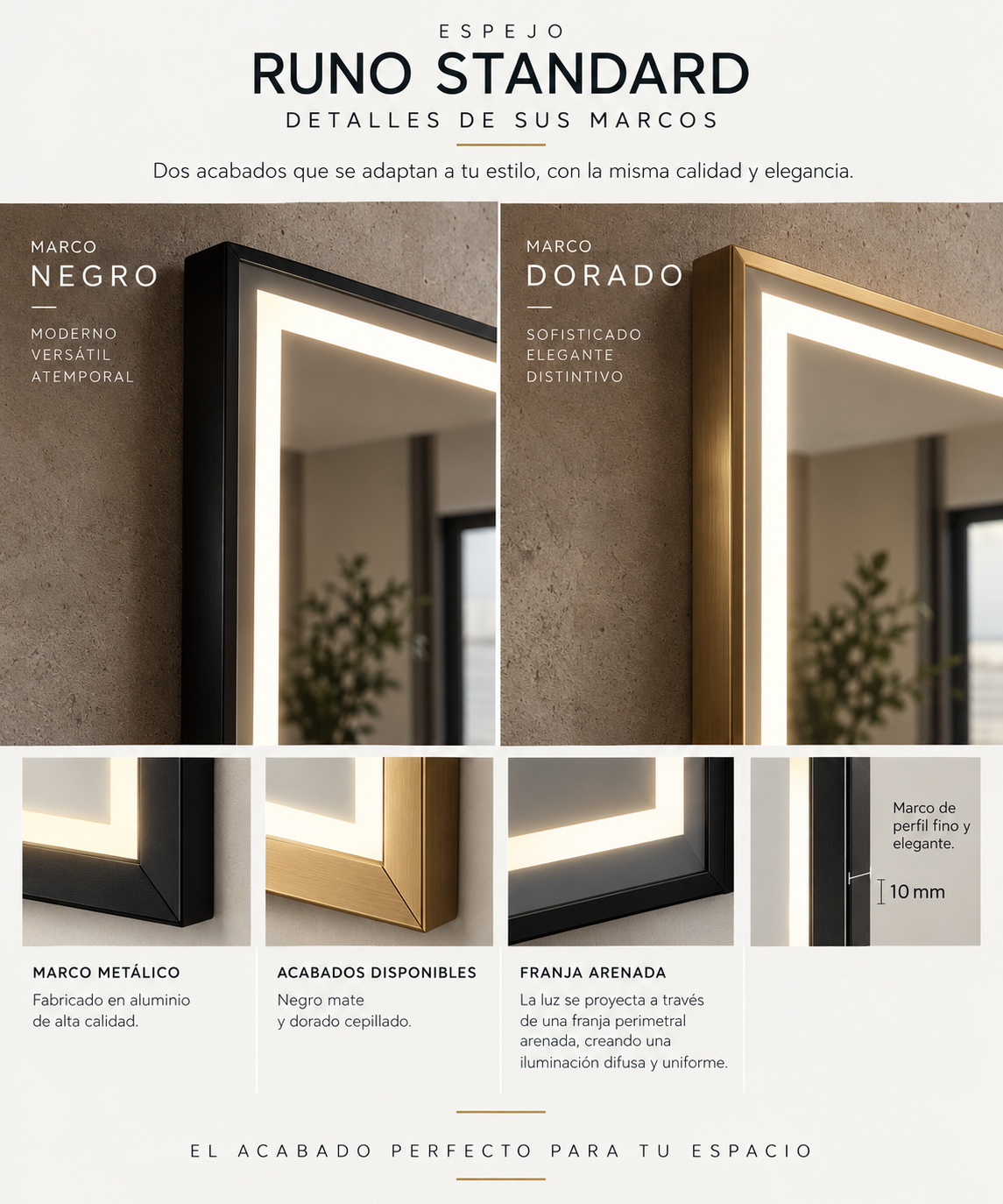 Espejo de baño y vestidor con luz LED rectangular retroiluminado · Doble Touch (Luz Bi-LED + Antivaho) · Entrega 24-72h · Modelo Runo EXPRESS