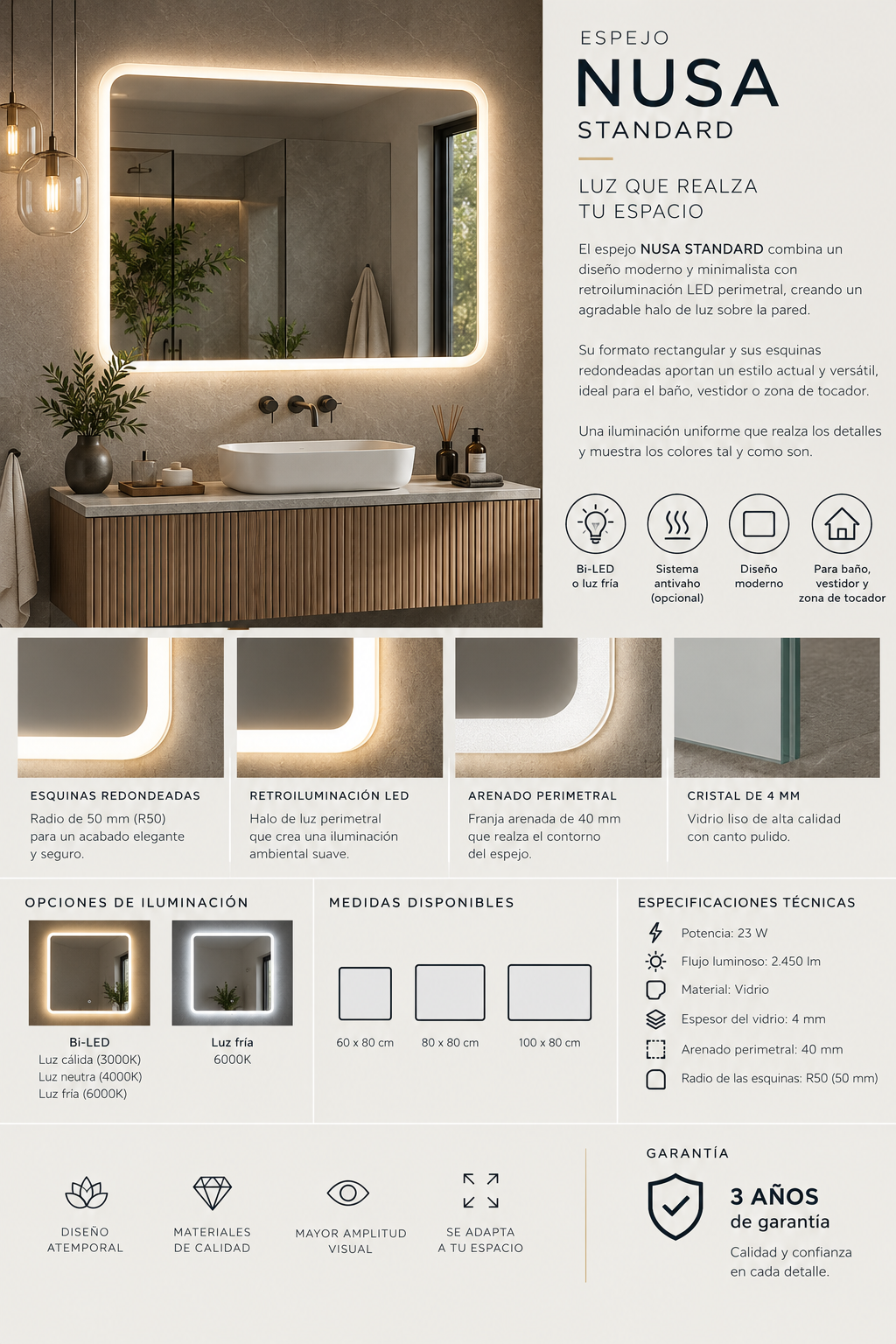 Espejo de baño y vestidor con luz LED rectangular retroiluminado entrega 24-72h · Modelo NUSA EXPRESS