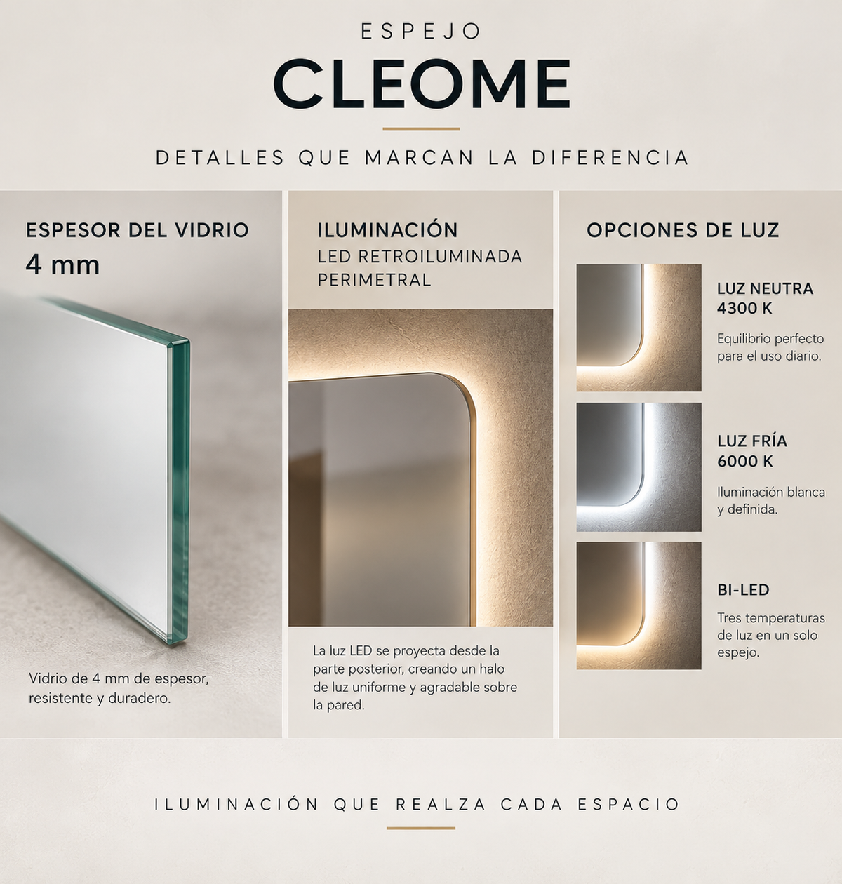 Detalles del espejo CLEOME EXPRESS: vidrio de 4 mm, luz LED retroiluminada y opciones de luz neutra 4300 K, fría 6000 K y Bi-LED