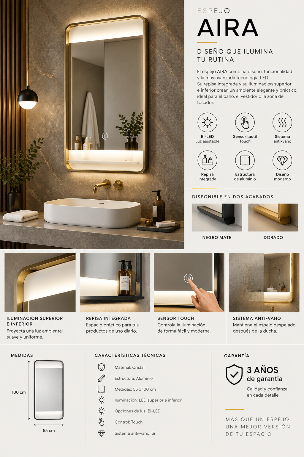 Espejo de baño y vestidor con luz LED, marco metálico y repisa · Doble Touch (Luz Bi-LED + Antivaho) · Entrega 24-72h · Modelo Aira EXPRESS