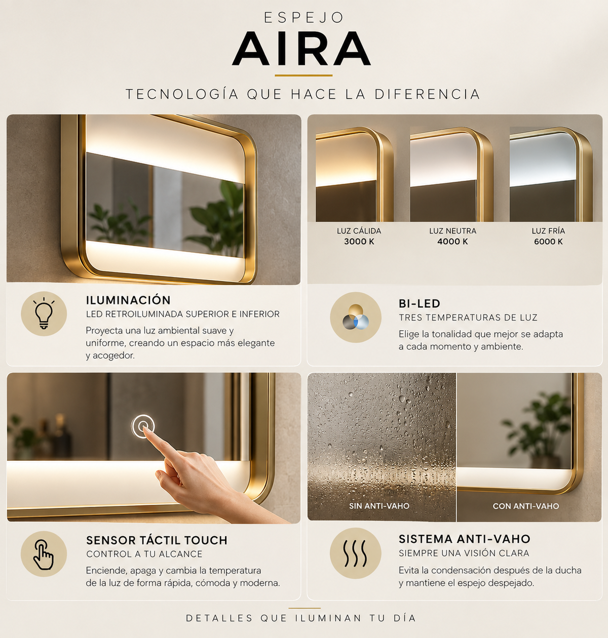 Espejo de baño y vestidor con luz LED, marco metálico y repisa · Doble Touch (Luz Bi-LED + Antivaho) · Entrega 24-72h · Modelo Aira EXPRESS
