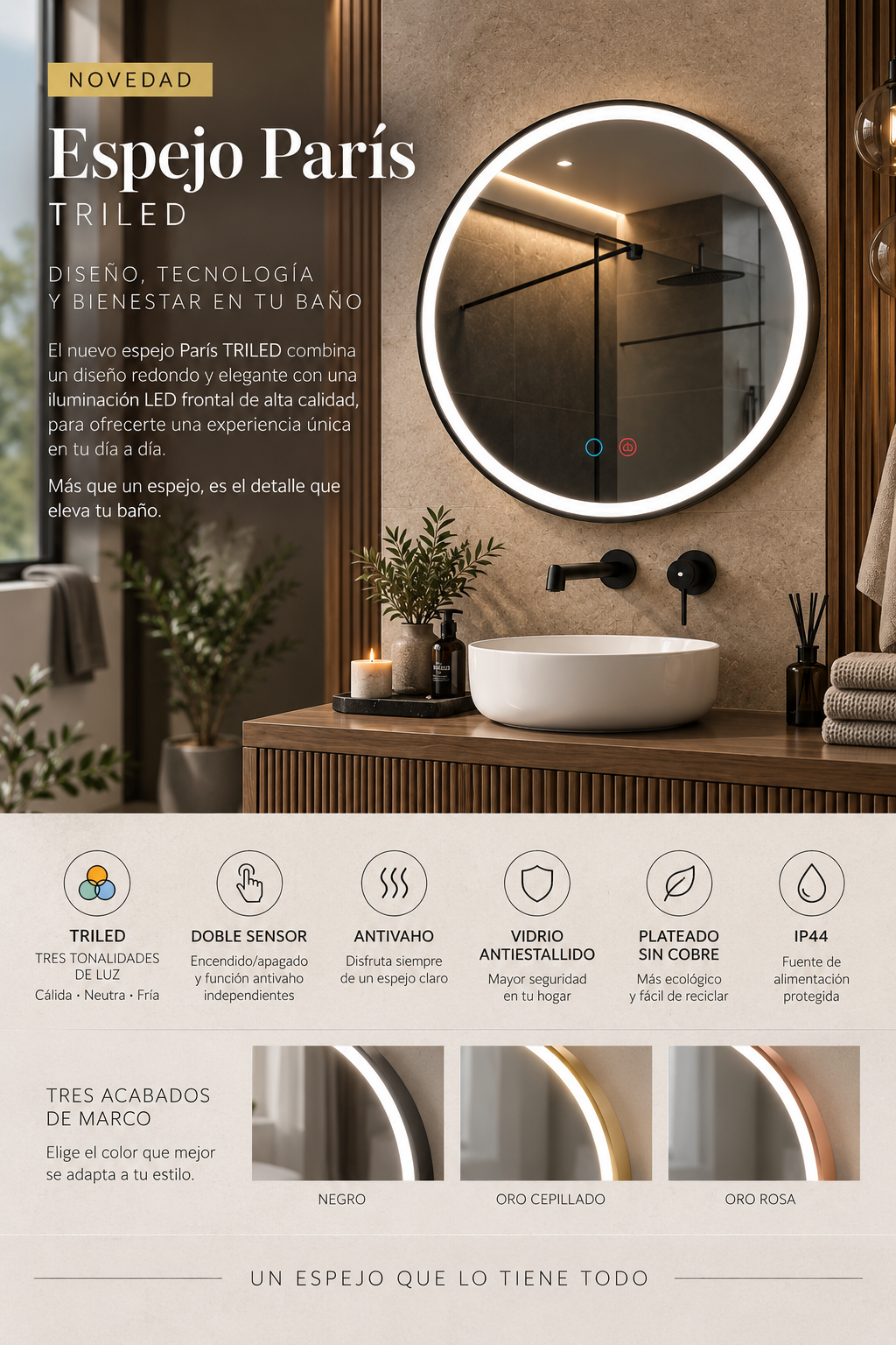Espejo de baño con luz LED frontal redondo · Modelo PARIS