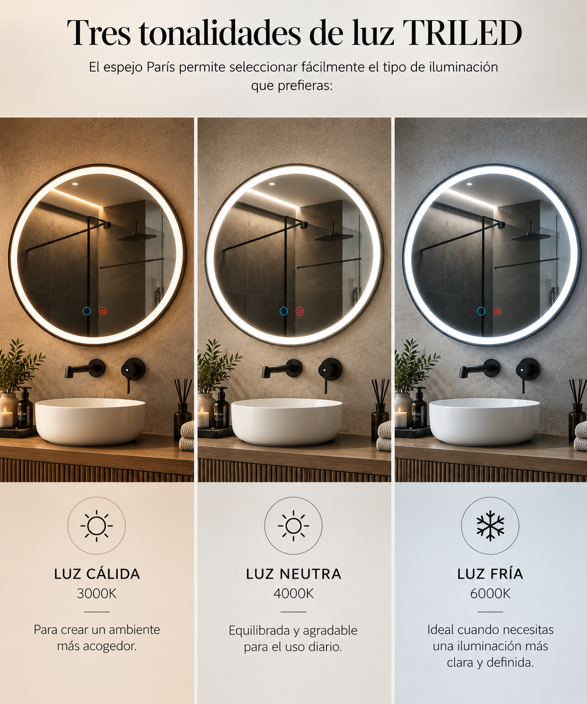 Espejo de baño con luz LED frontal redondo · Modelo PARIS