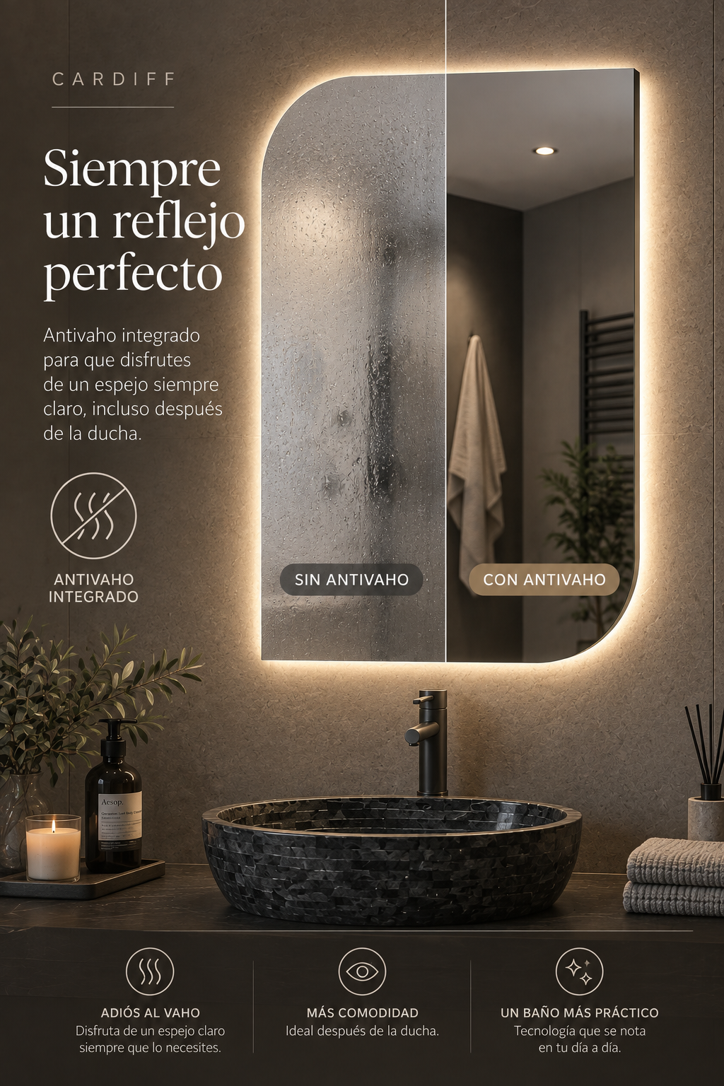 Espejo de baño con luz LED irregular retroiluminado · Modelo CARDIFF