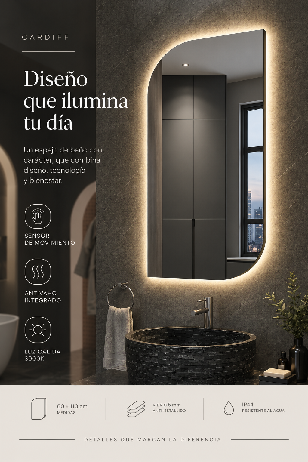 Espejo de baño con luz LED irregular retroiluminado · Modelo CARDIFF