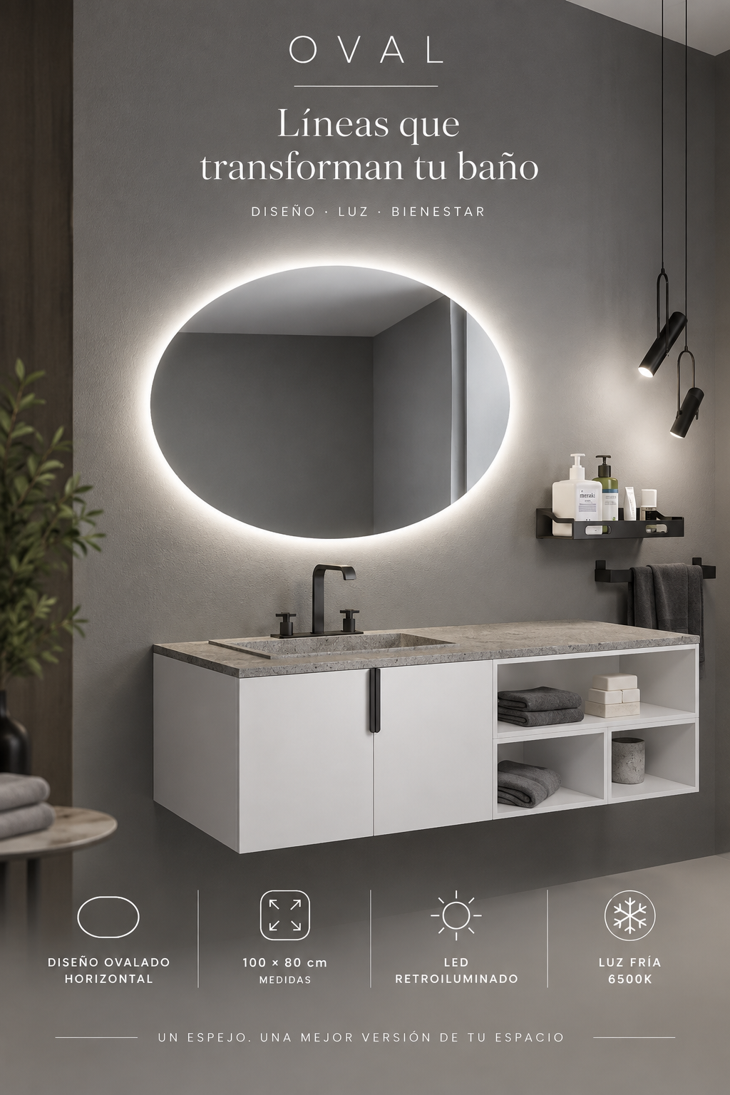 Espejo de baño con luz LED ovalado retroiluminado · Modelo OVAL