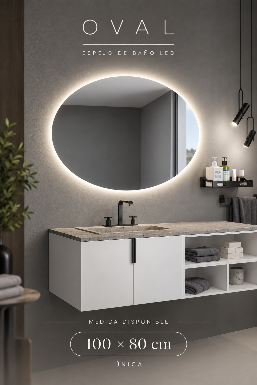 Espejo de baño con luz LED ovalado retroiluminado · Modelo OVAL