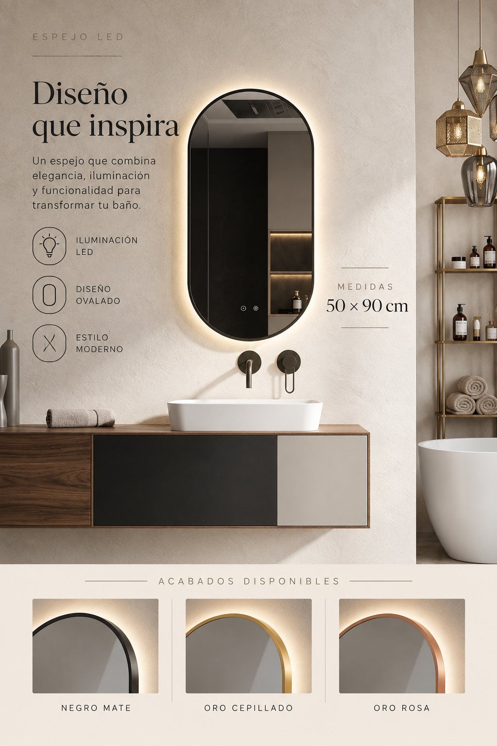 Espejo de baño con luz LED ovalado retroiluminado · Modelo TOKYO