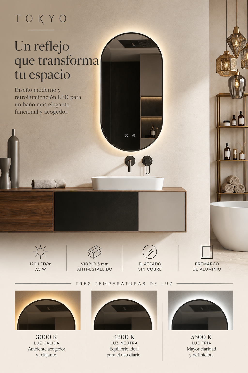 Espejo de baño con luz LED ovalado retroiluminado · Modelo TOKYO