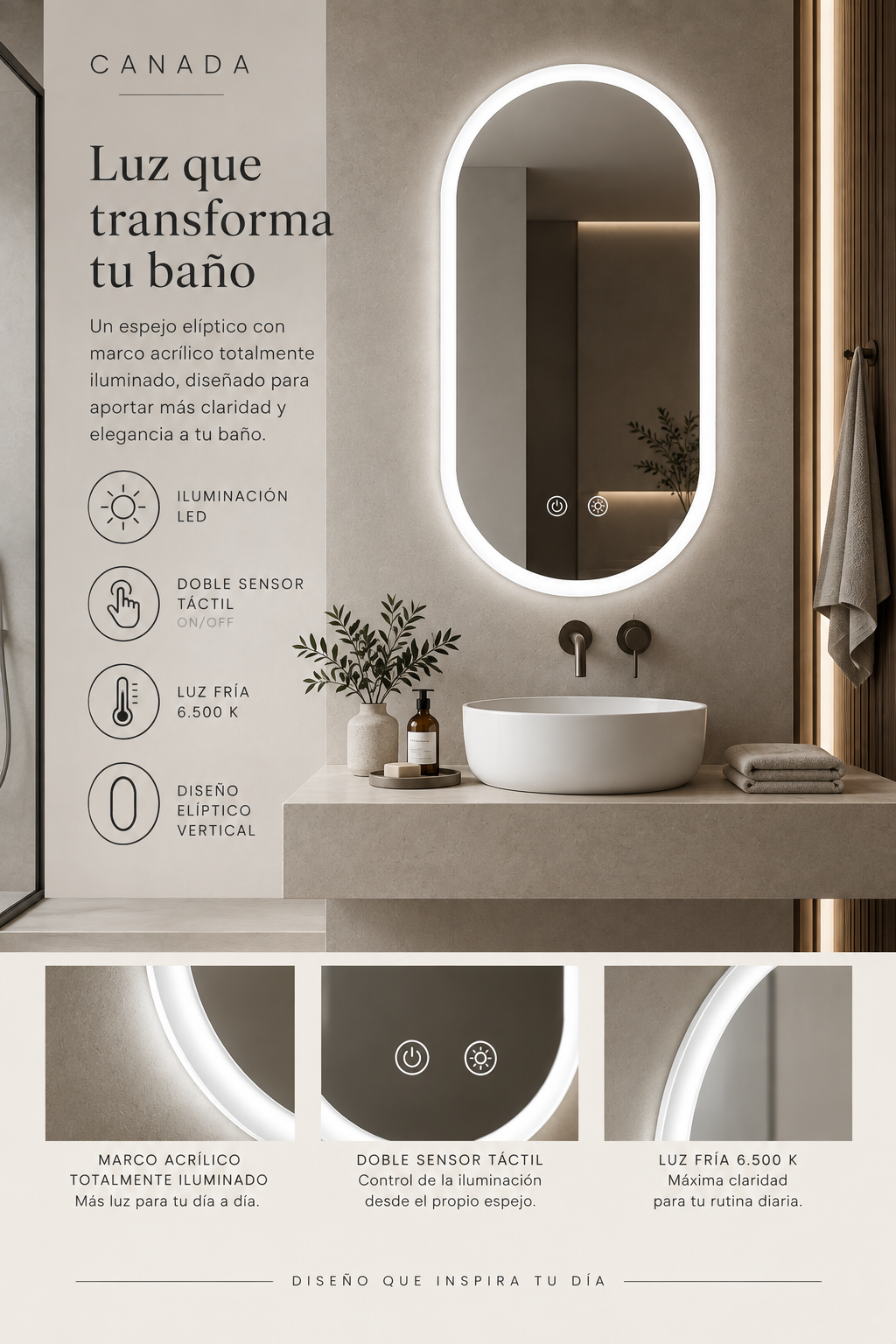 Espejo de baño con luz LED ovalado con luz en marco iluminado · Modelo CANADA