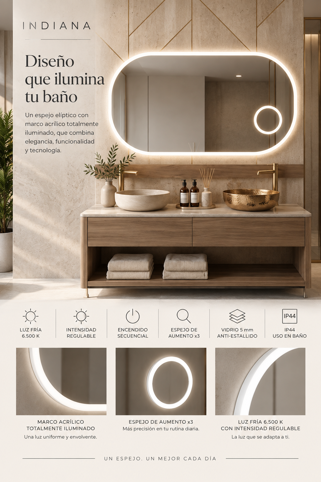 Espejo de baño con luz LED ovalado con luz en marco iluminado · Modelo INDIANA
