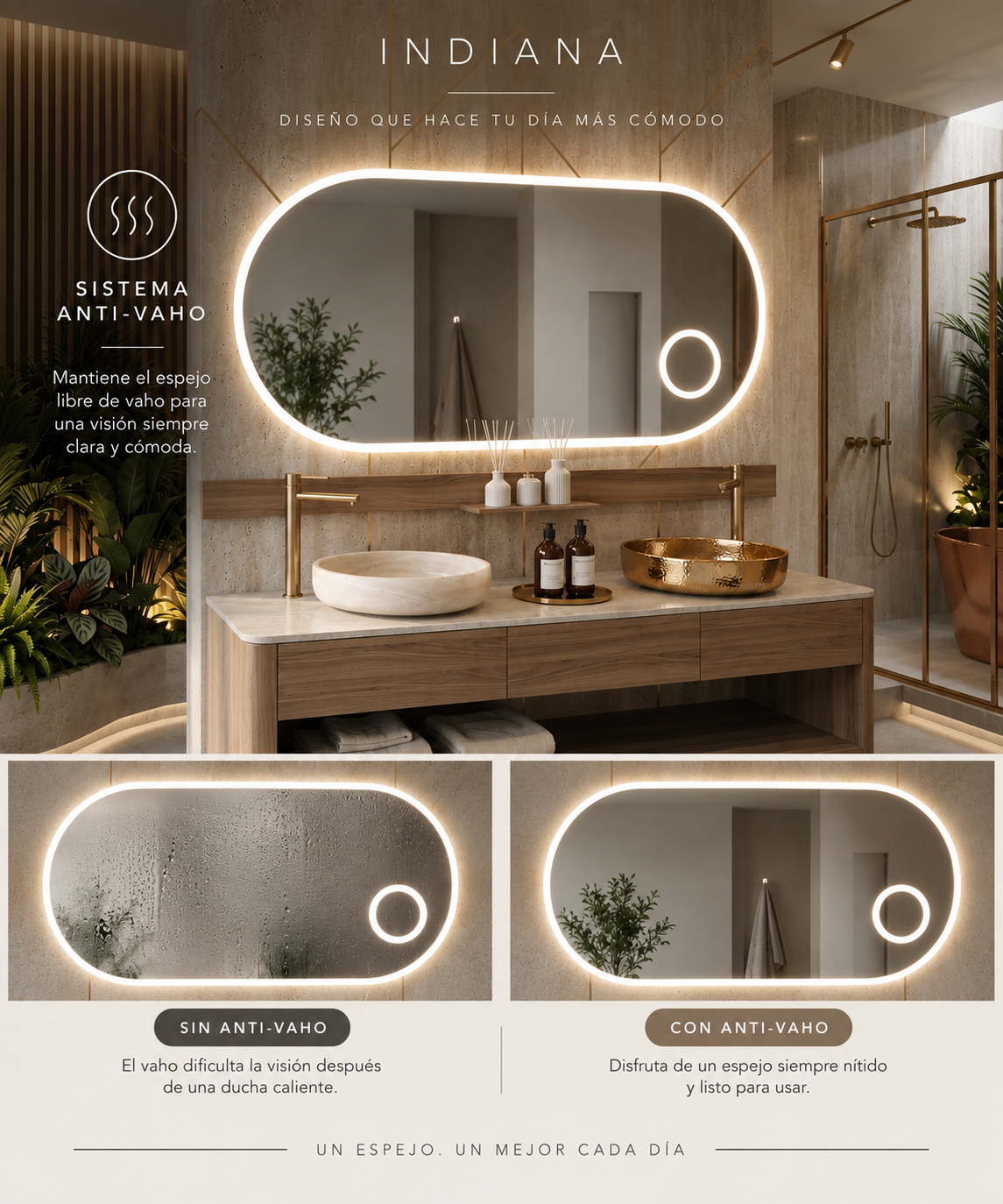 Espejo de baño con luz LED ovalado con luz en marco iluminado · Modelo INDIANA