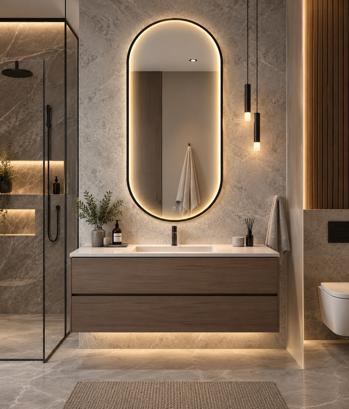 Espejo de baño con luz LED ovalado con luz perimetral en el marco · Modelo RIO (Marco Negro)