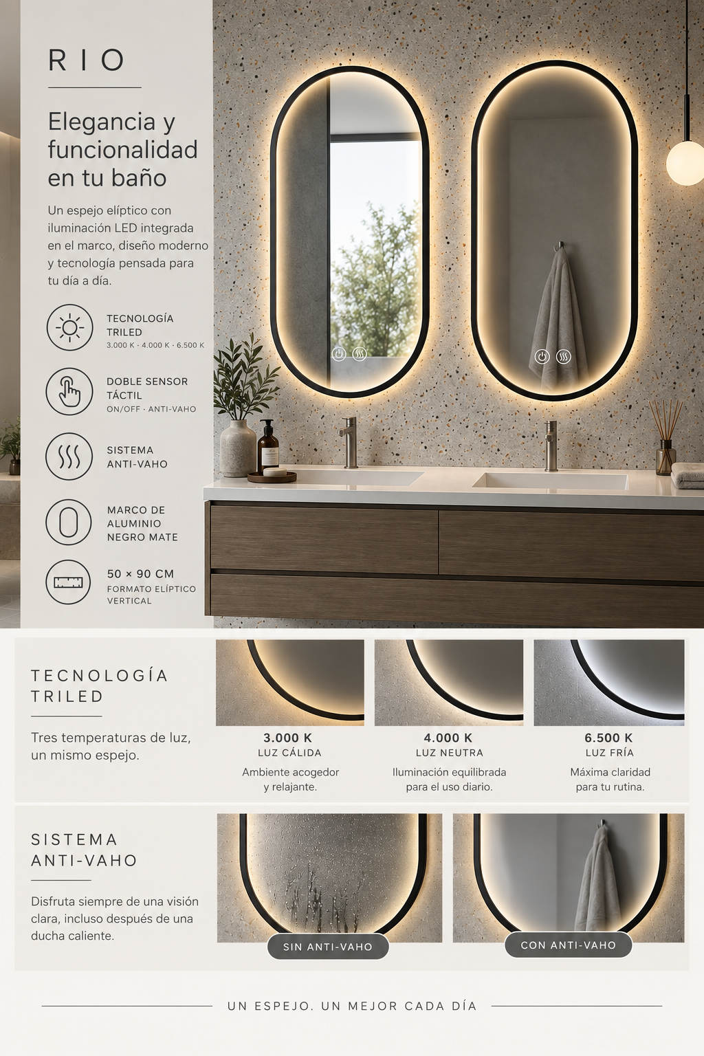 Espejo de baño con luz LED ovalado con luz perimetral en el marco · Modelo RIO (Marco Negro)