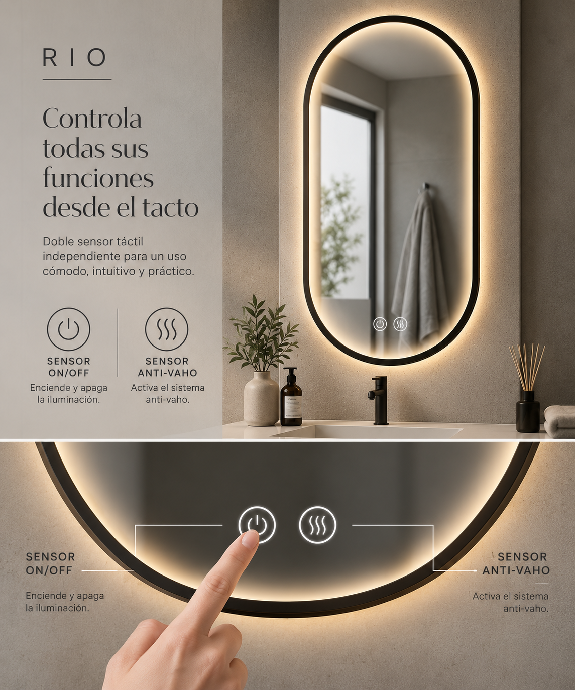 Espejo de baño con luz LED ovalado con luz perimetral en el marco · Modelo RIO (Marco Negro)