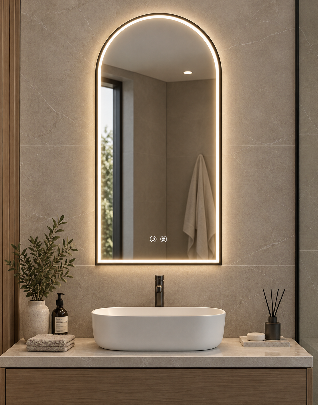 Espejo de baño con luz LED ovalado con luz perimetral en el marco · Modelo ROMA