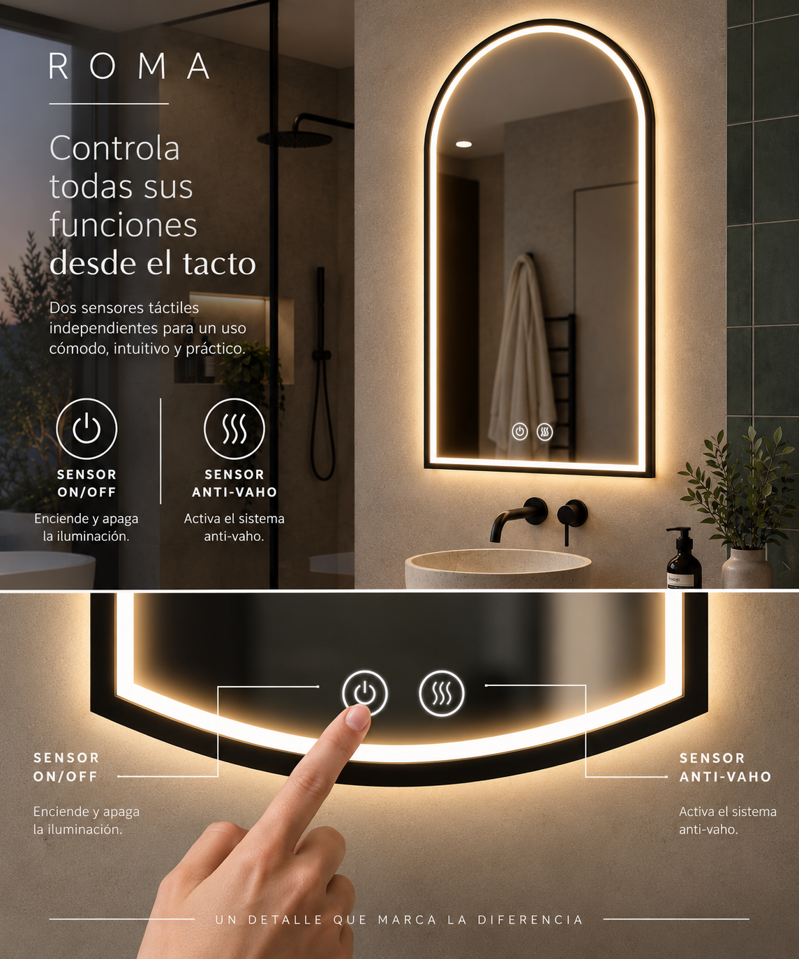 Espejo de baño con luz LED ovalado con luz perimetral en el marco · Modelo ROMA