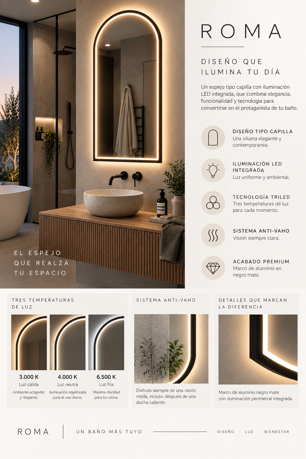 Espejo de baño con luz LED ovalado con luz perimetral en el marco · Modelo ROMA