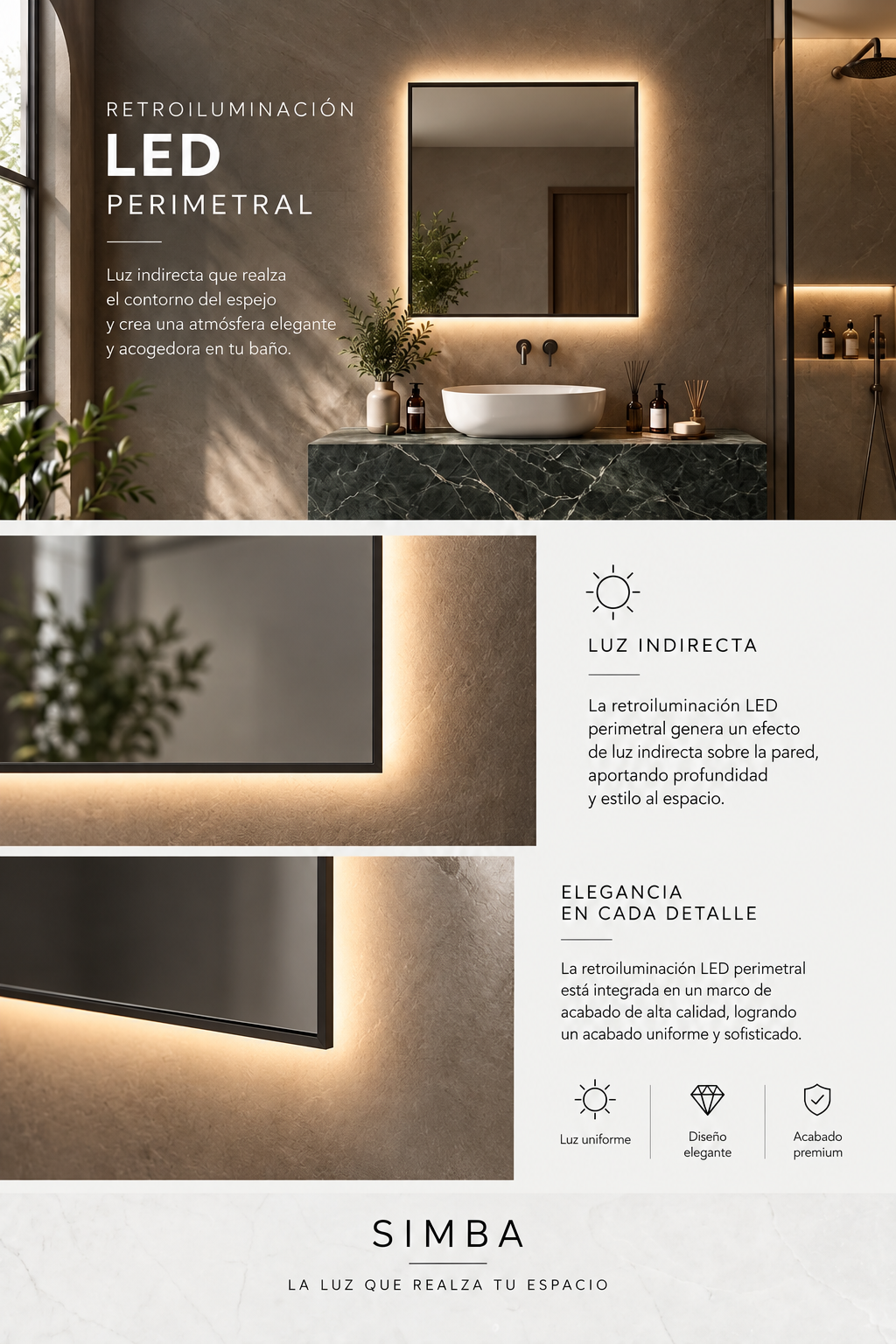 Espejo de Baño LED Rectangular Kelos EXPRESS · Bisel Trasero de 10 mm Pintado · Luz Ambiental · Negro u Oro