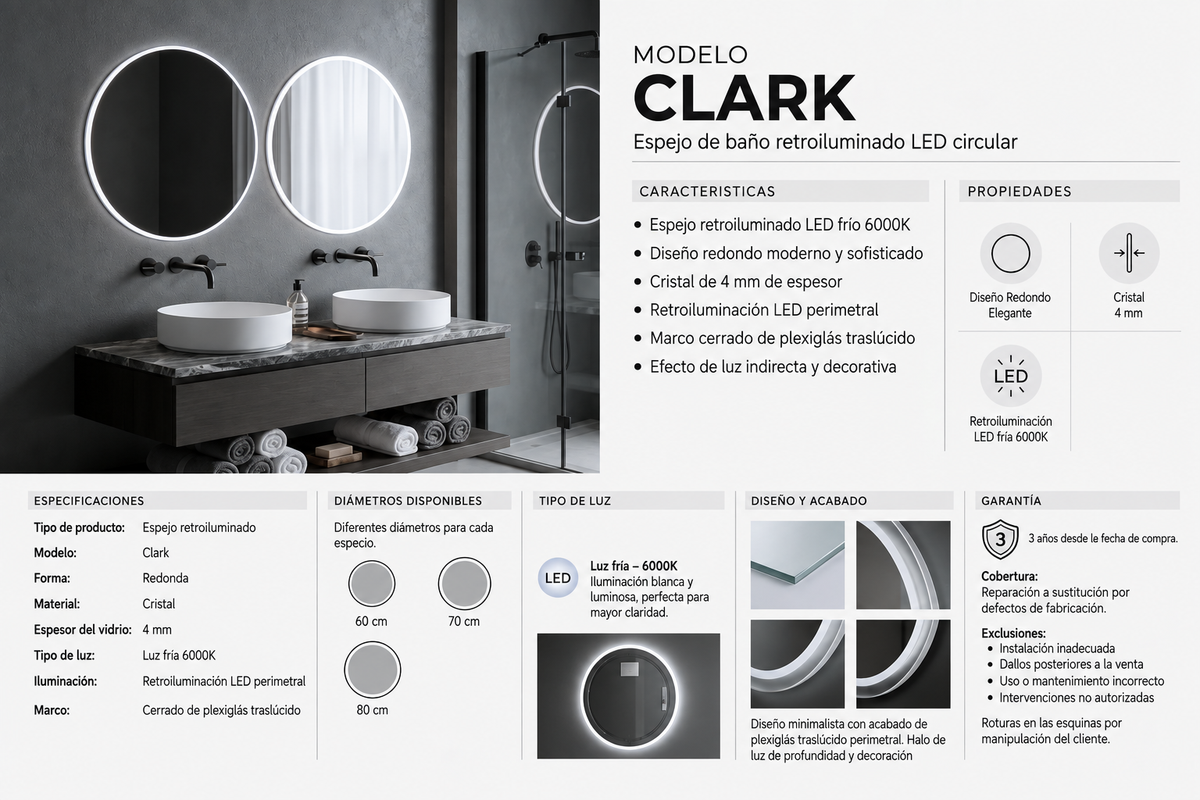 Espejo de baño redondo con luz LED 6000K · Entrega 24-72h · Modelo Clark EXPRESS