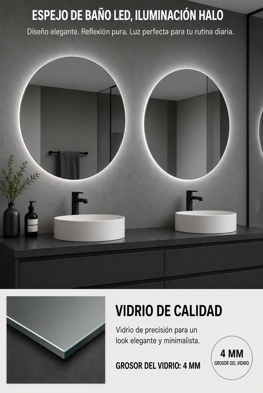 Espejo de baño redondo con luz LED 6000K · Entrega 24-72h · Modelo Clark EXPRESS