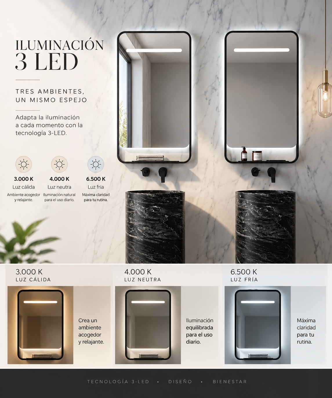 Espejo de baño con luz LED rectangular retroiluminado · Modelo CONCEPT