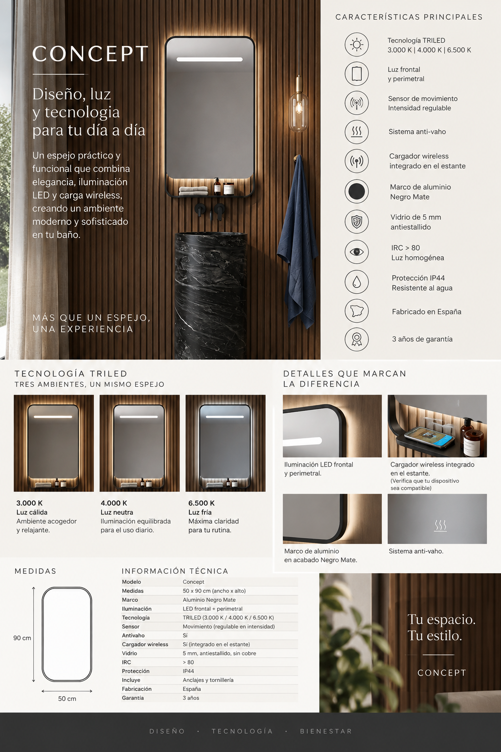 Espejo de baño con luz LED rectangular retroiluminado · Modelo CONCEPT