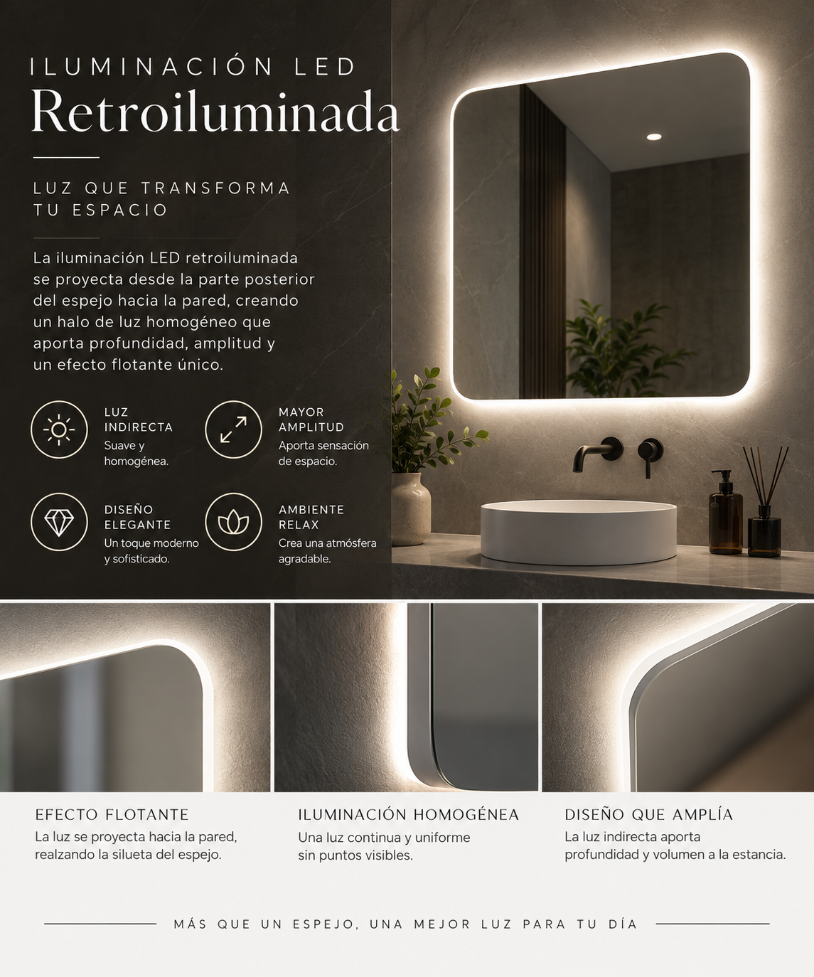 Espejo de baño con luz LED rectangular retroiluminado · Modelo DINAMARCA
