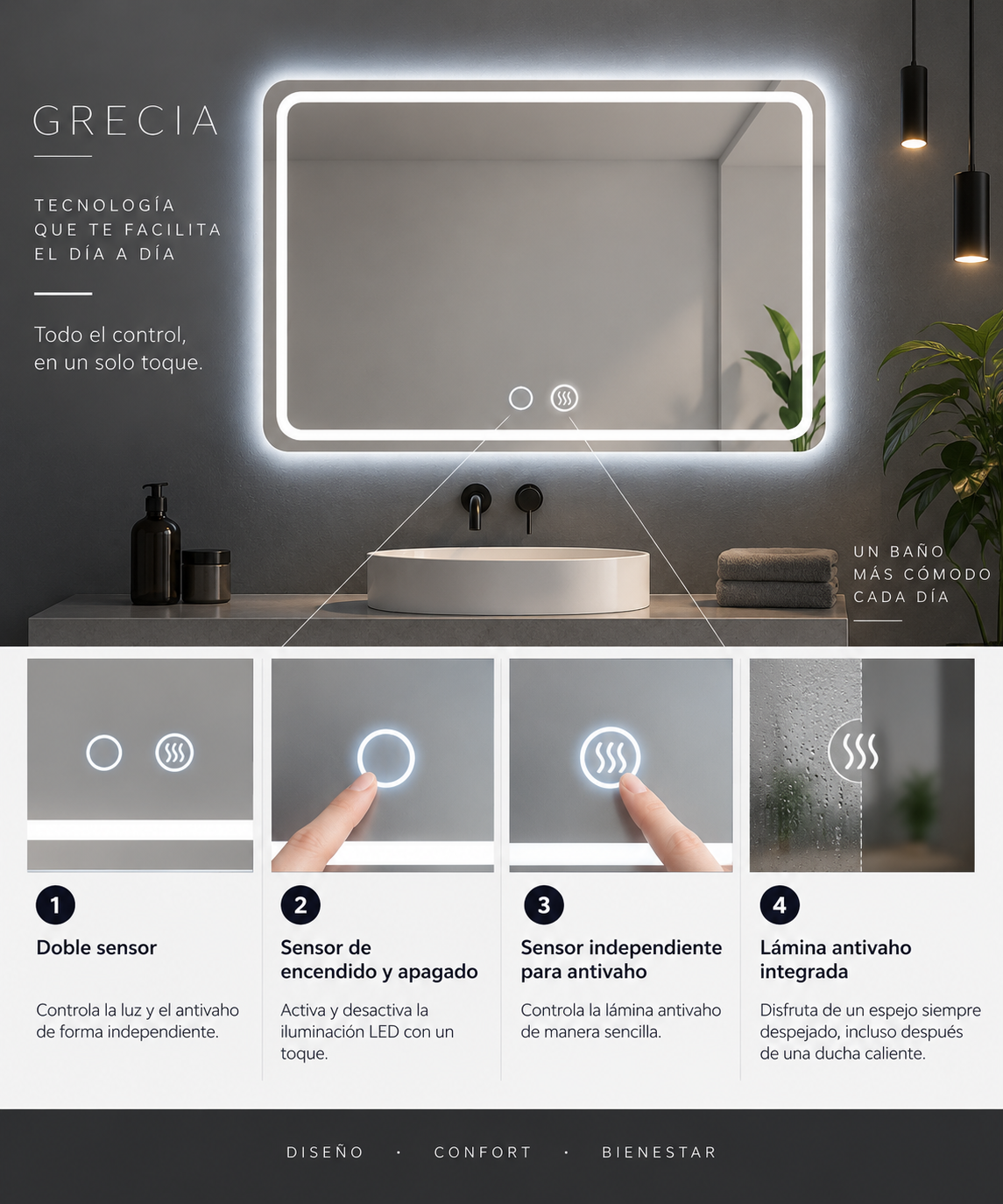 Espejo de baño con luz LED rectangular, con luz frontal y ambiental · Modelo GRECIA