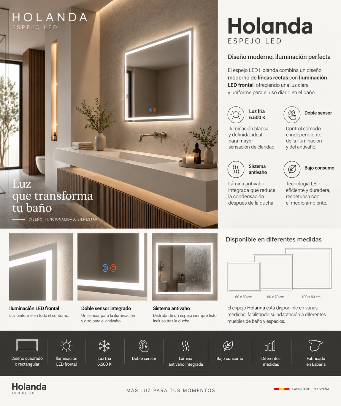 Espejo de baño con luz LED rectangular retroiluminado · Modelo HOLANDA