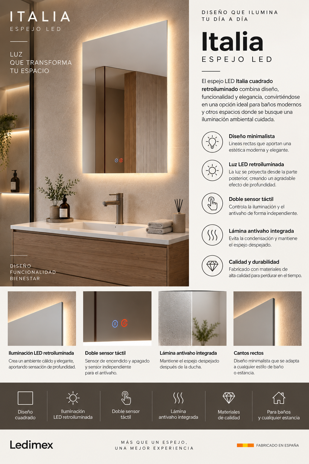 Espejo de baño con luz LED rectangular retroiluminado · Modelo ITALIA