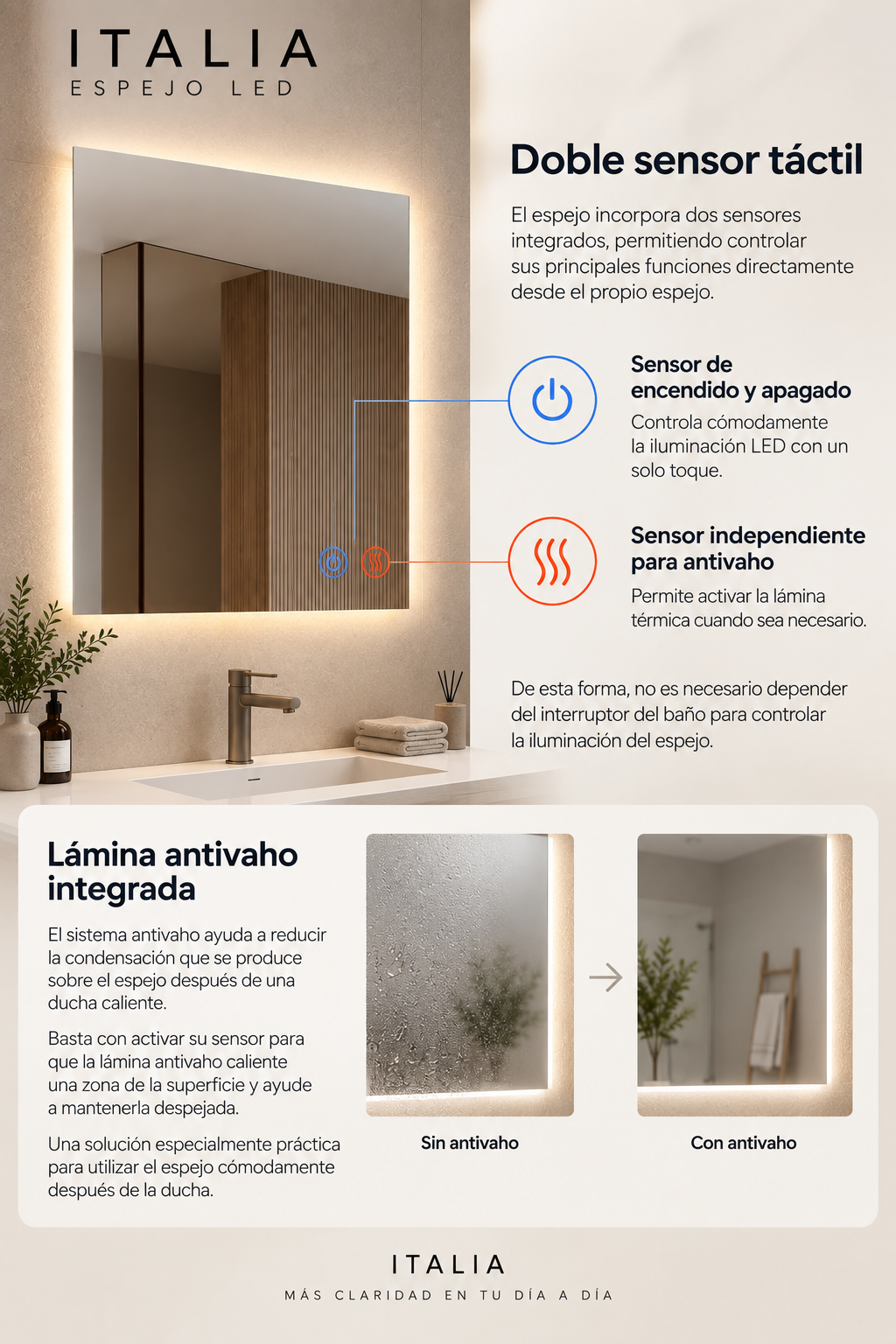 Espejo de baño con luz LED rectangular retroiluminado · Modelo ITALIA