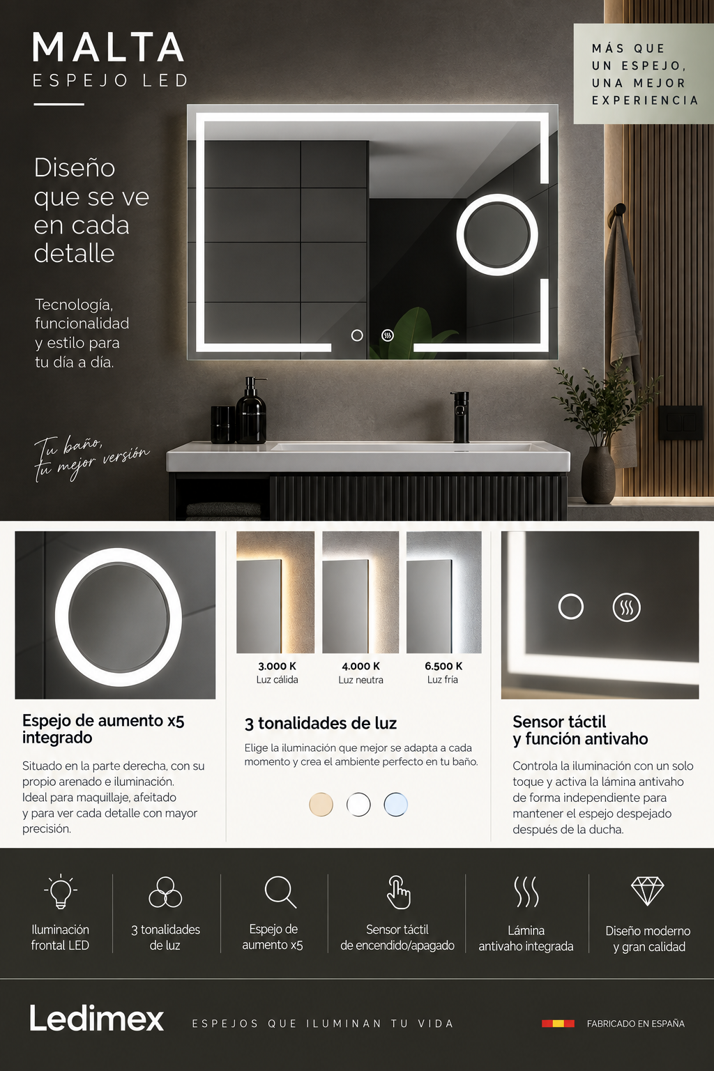 Espejo de baño con luz LED frontal rectangular · Modelo MALTA