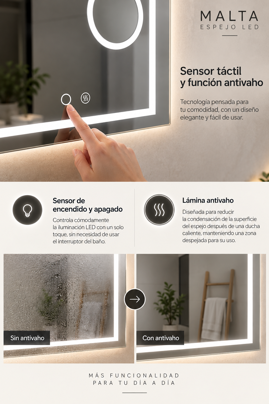 Espejo de baño con luz LED frontal rectangular · Modelo MALTA