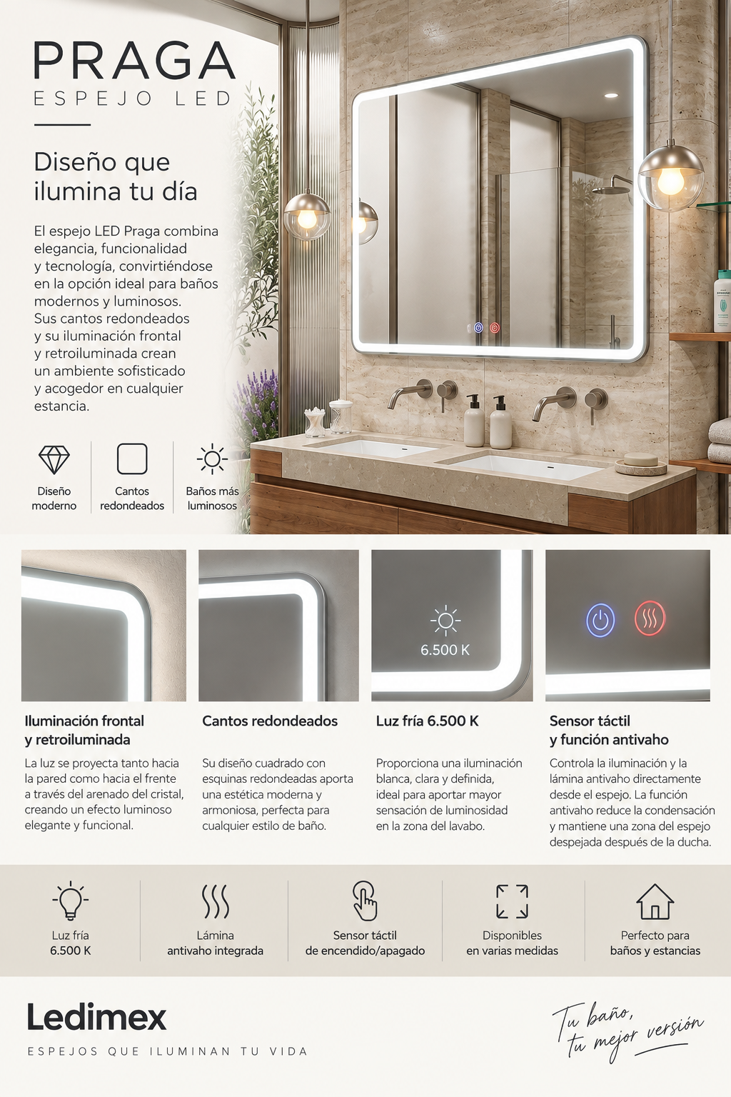 Espejo de baño con luz LED rectangular retroiluminado · Modelo PRAGA