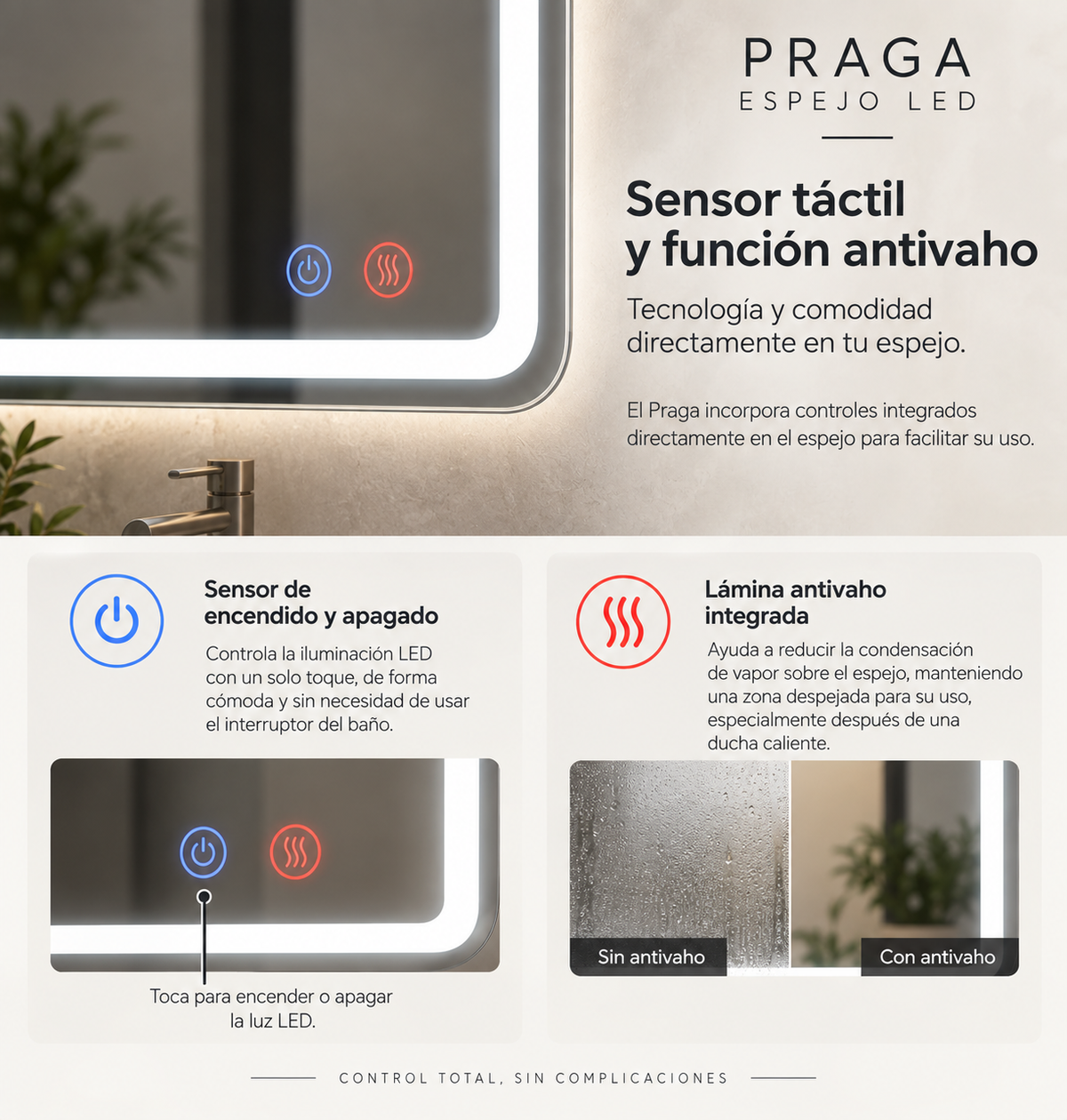 Espejo de baño con luz LED rectangular retroiluminado · Modelo PRAGA