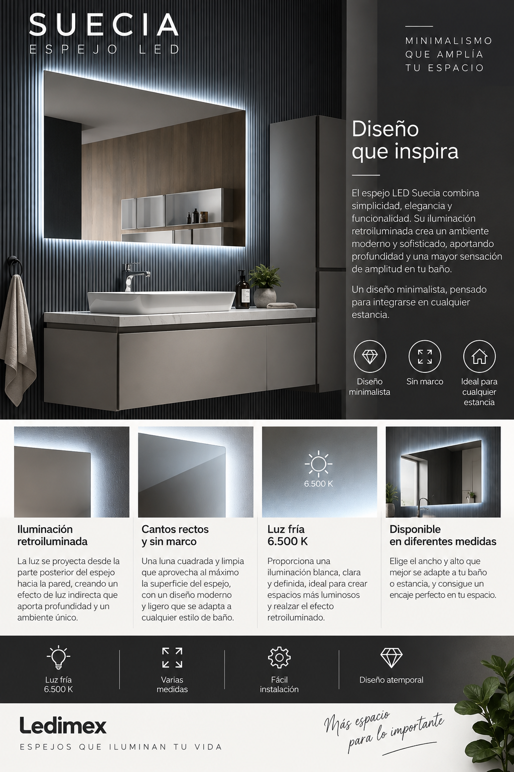 Espejo de baño con luz LED rectangular retroiluminado · Modelo SUECIA
