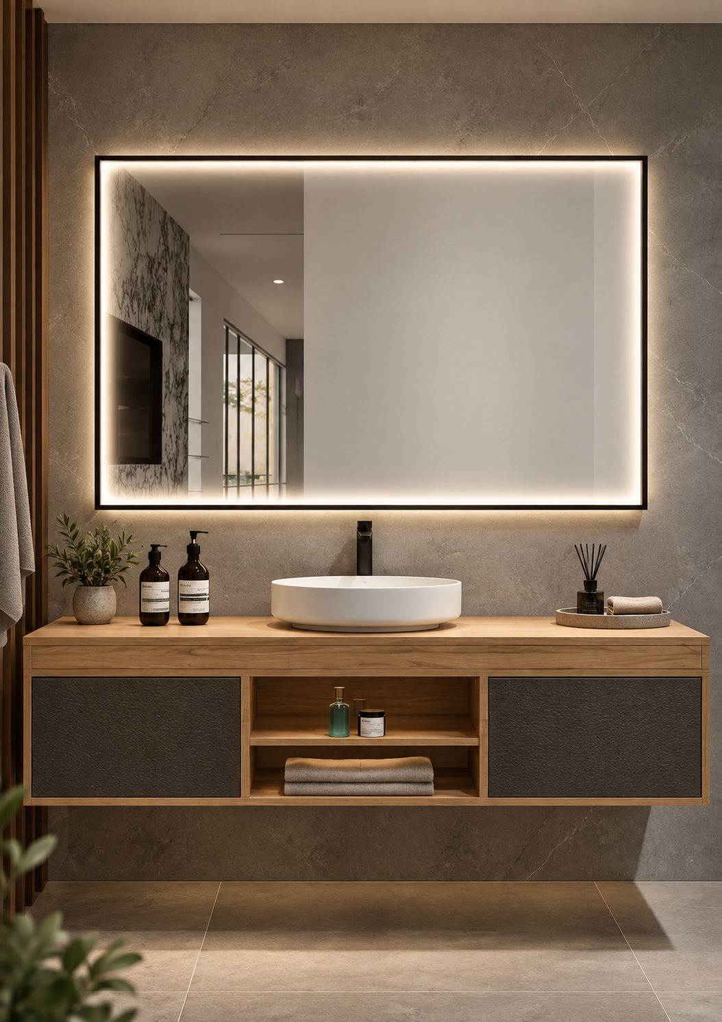 Espejo de baño con luz LED perimetral rectangular · Modelo ABILITY